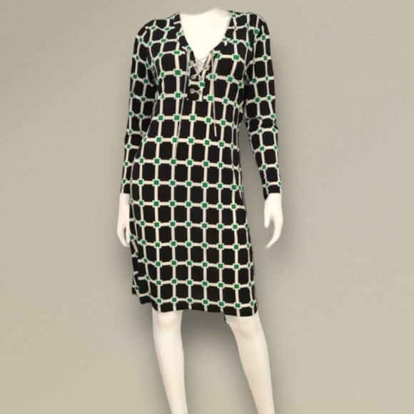 Jules & Leopold Black Green Geometric Belted Midi Dress Silver Chain Detail Sz S - Picture 1 of 14